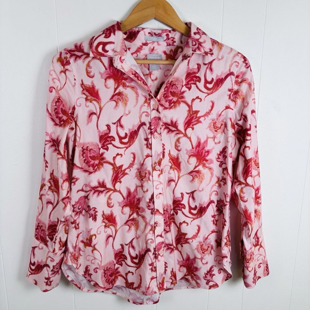 Chicos 0 Pink Floral Button No Iron Chic Stretch Button Shirt Womens 4 Classic